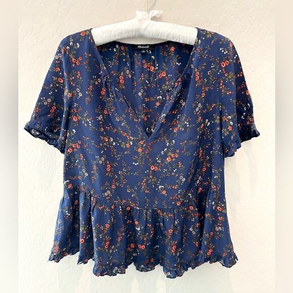 MADEWELL | 100% Silk Blue Stanza Floral Ruffle Peplum Blouse | Size Small - Picture 1 of 8
